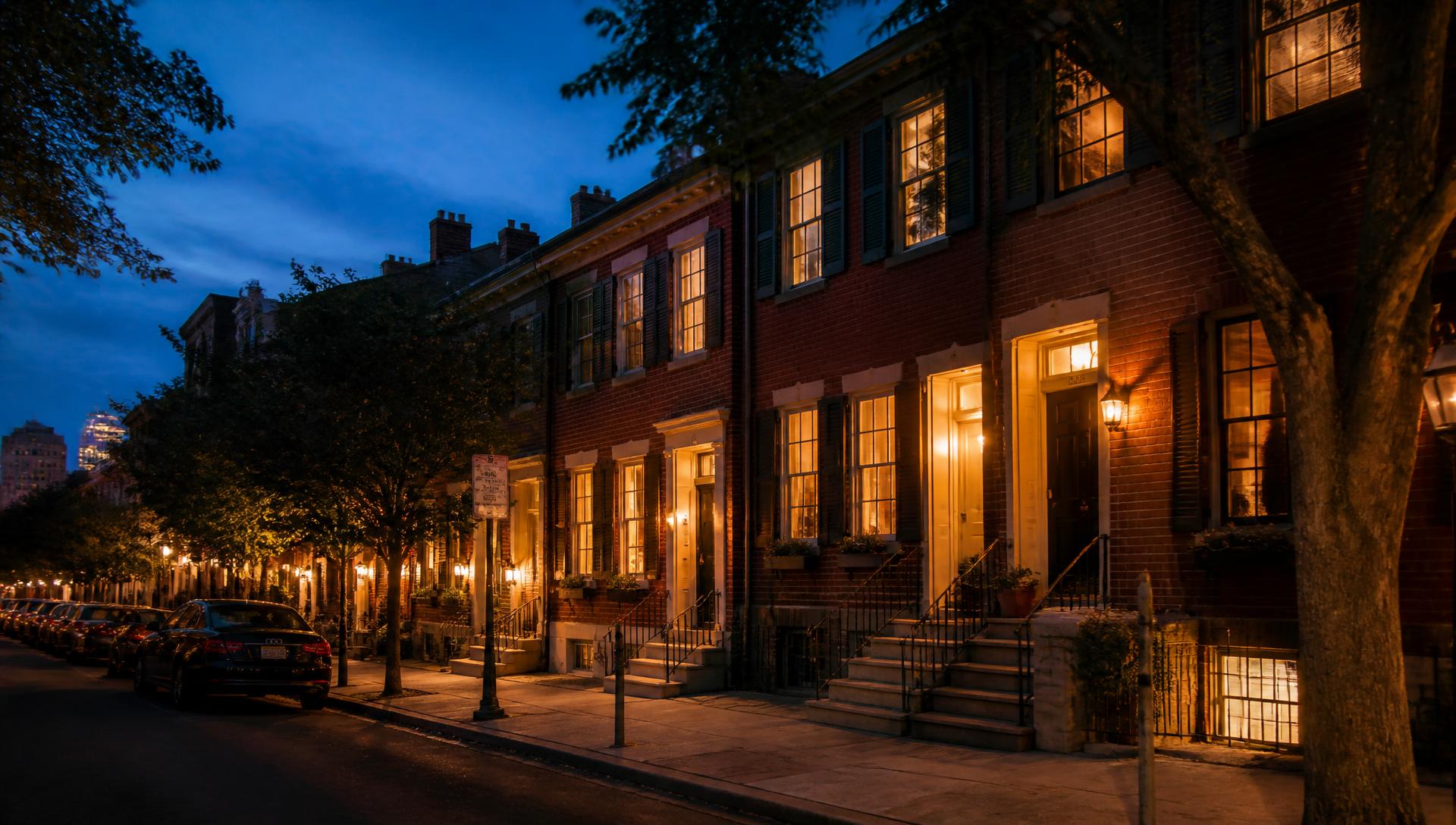 Philadelphia rowhomes glowing at dusk